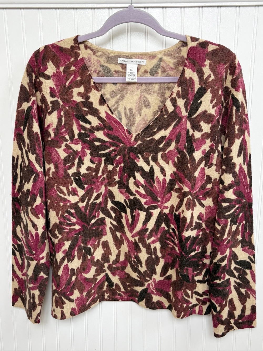 Sarah Spencer Women’s XL Lambswool Angora Pink & Brown Floral V-Neck Sweater